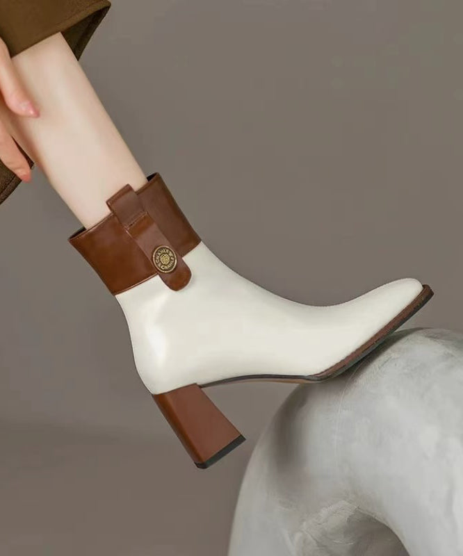White Chunky Cowhide Leather Classy Splicing Boots