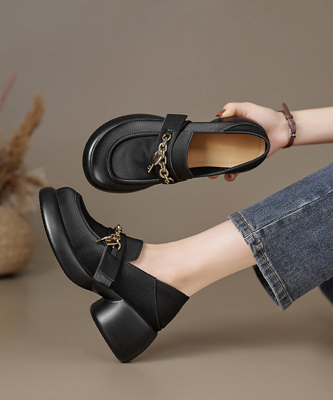 Beige Cowhide Leather Loafer Shoes Platform Splicing