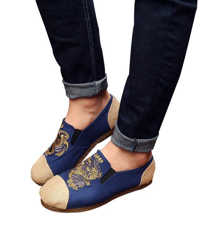 Navy Embroideried Splicing Flat Shoes Cotton Linen Fabric