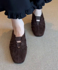 Brown Suede Wrinkled Splicing Flat Shoes For Women