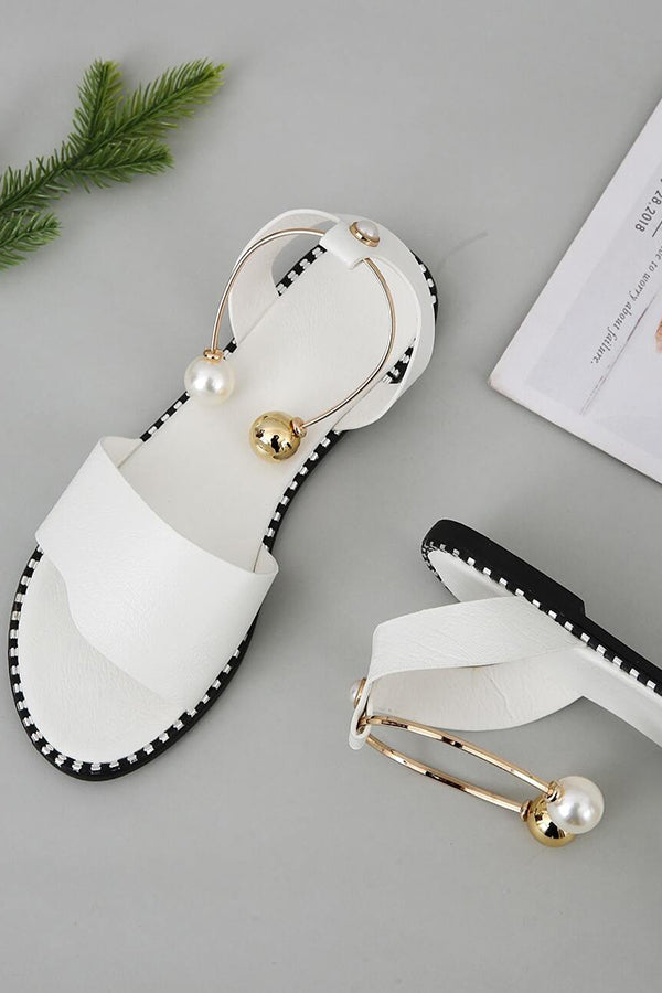 Simple Flat Bottom Pearl Buckle Roman Sandals