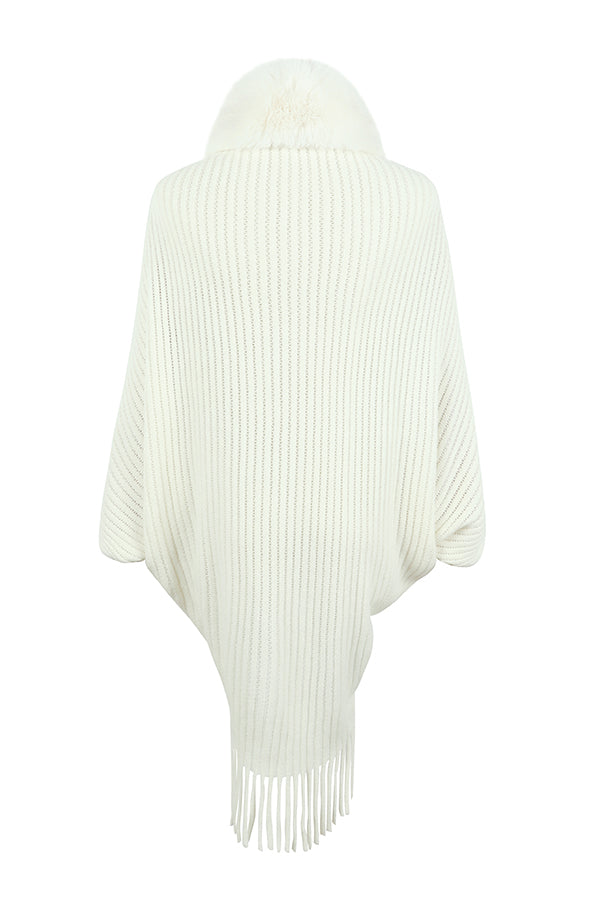 Fur Collar Tassel Hem Knitted Shawl Cape