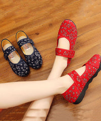 Vintage Print Cotton Fabric Flat Shoes For Buckle Strap Flat Shoes For Women