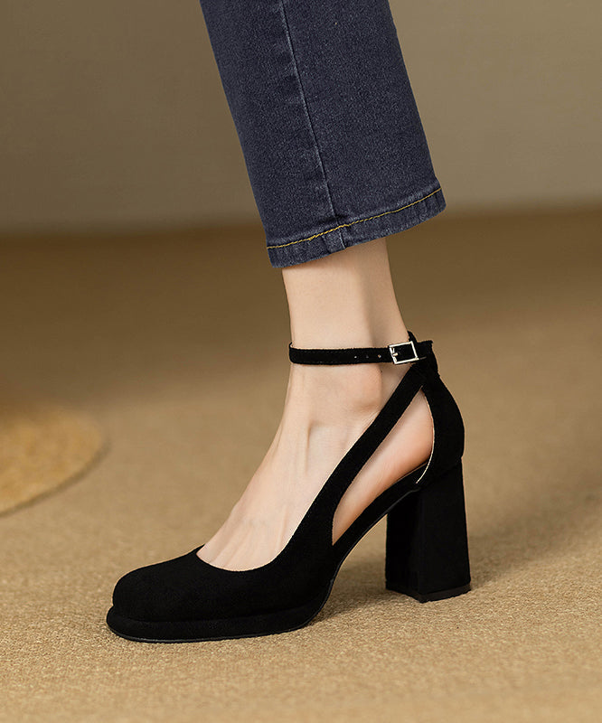 Black Suede Splicing Chunky Heel Sandals Hollow Out Buckle Strap