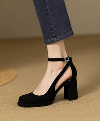 Black Suede Splicing Chunky Heel Sandals Hollow Out Buckle Strap