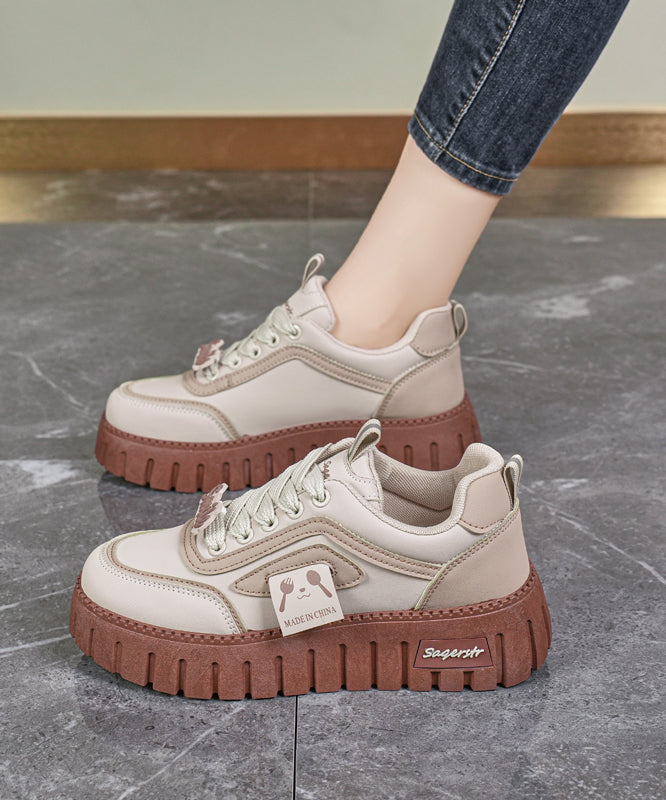 Beige Khaki Lace Up Splicing Platform Flat Feet Shoes
