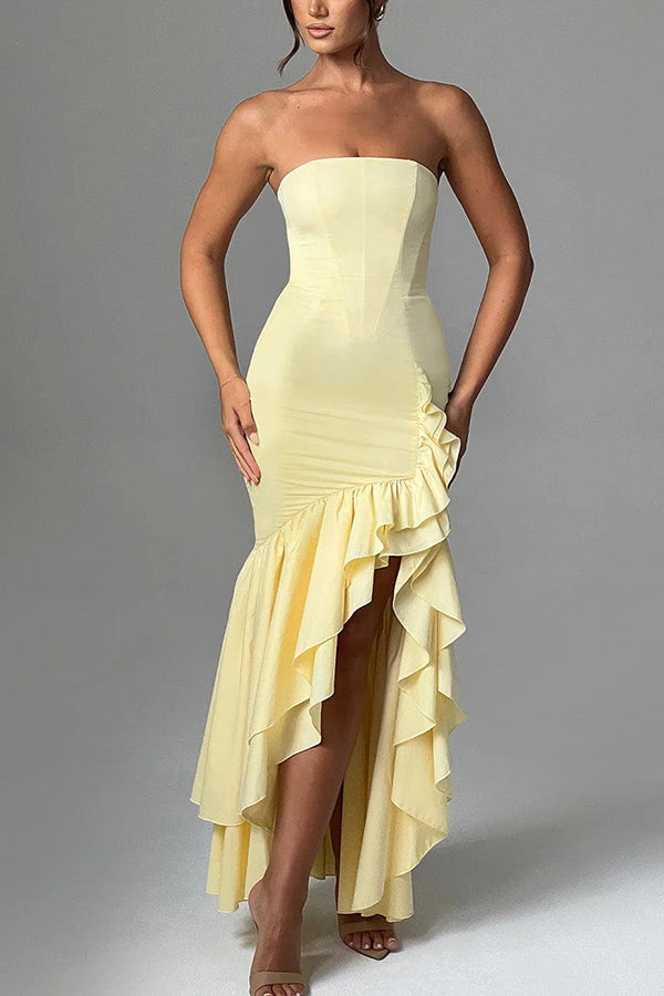 off shoulder, off shoulder strapless, hip hugging, irregular wave party dress