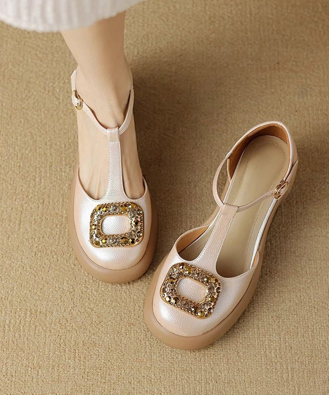 Apricot Zircon Splicing Chunky Heels Sandals Hollow Out