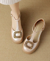 Apricot Zircon Splicing Chunky Heels Sandals Hollow Out
