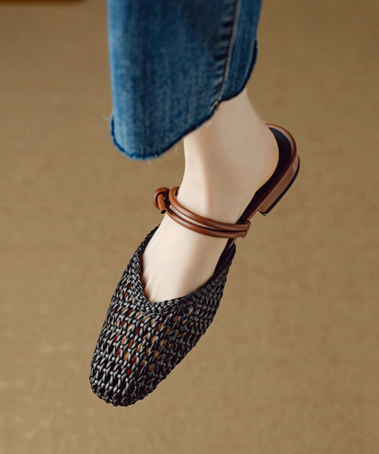 Bohemian Beige Woven Hollow Out Breathable Slide Sandals