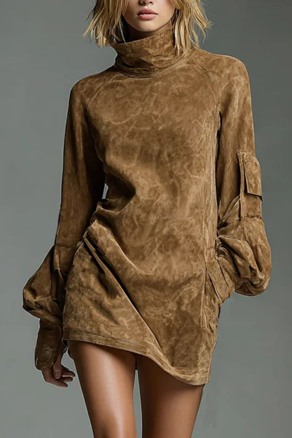 Suede High-Neck Long-Sleeved Casual Pocket Mini Dress