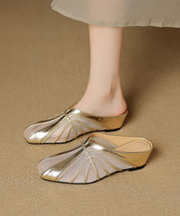 Chic Tulle Splicing Wedge Slide Sandals Gold Cowhide Leather