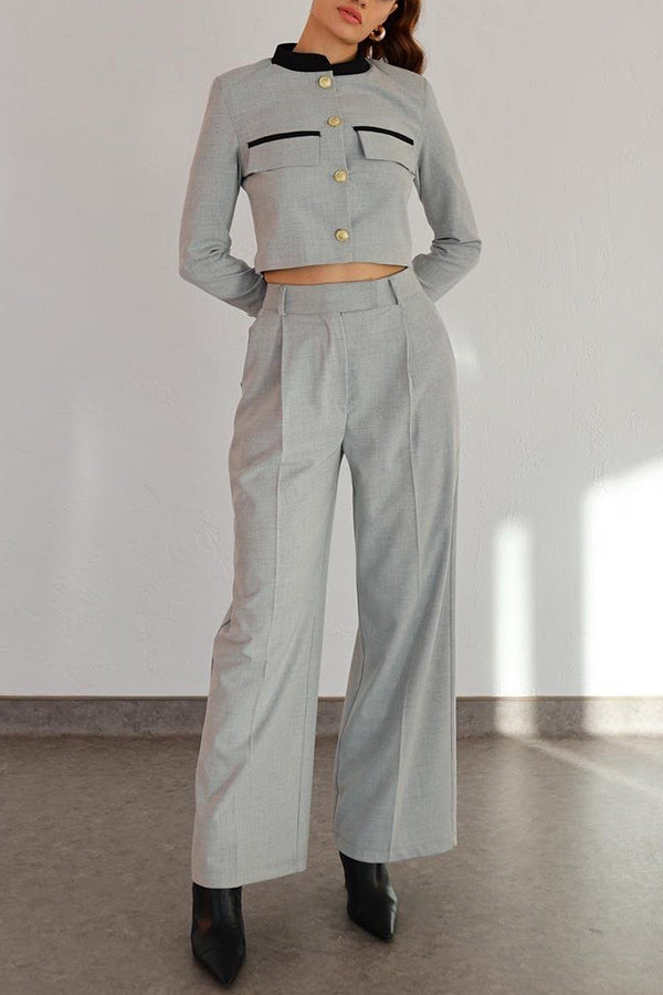 Contrasting Cropped Long Sleeve Top and Pocket Straight Leg Pants Set