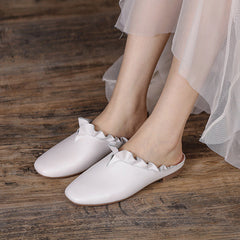 Vintage Leather Ruffle Trim Casual Slippers