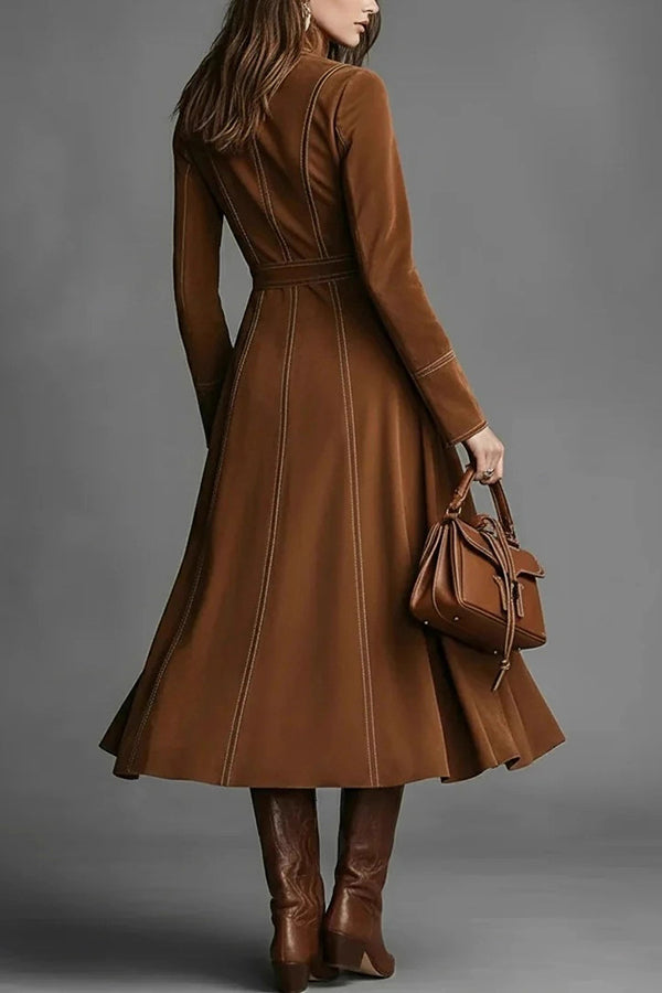 Suede Long-sleeved Fitted Waist Belted Midi Dress
