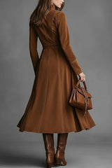 Suede Long-sleeved Fitted Waist Belted Midi Dress