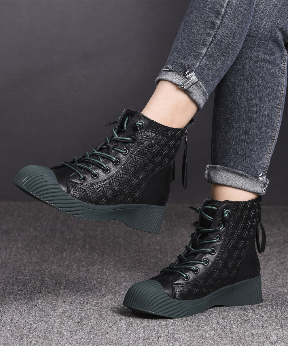 Brown Cowhide Leather Embossed Splicing Lace Up Boots