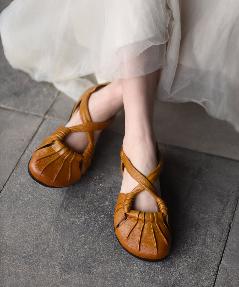 Yellow Cowhide Leather Splicing Hollow Out Walking Sandals