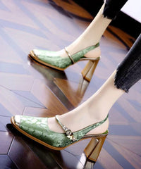 Retro Green Print Faux Leather Splicing Chunky Heel Sandals
