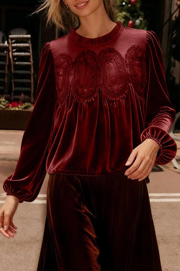 Velvet and Lace Patchwork Loose Long-sleeved Top