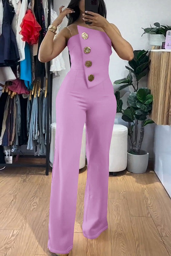 Solid Color Tube Top Gold Button Embellished Bootcut Jumpsuit
