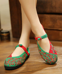 Green Flat Shoes Embroideried Cotton Fabric Splicing Flat Shoes