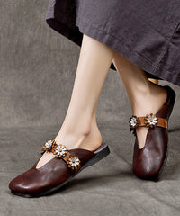 Ethnic Style Green Floral Cowhide Leather Flats Slide Sandals