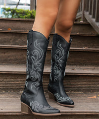 Retro Red Embossed Zippered Chunky Boots Faux Leather