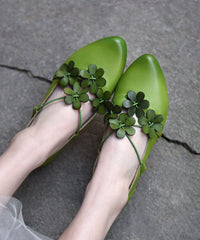 Floral Splicing Flat Shoes Pointed Toe Green Cowhide Leather
