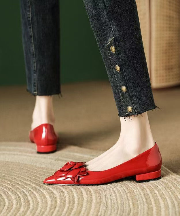 Red Floral Splicing Flat Feet Shoes Pointed Toe