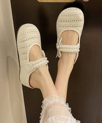 Beige Knit Breathable Splicing Nail Bead Platform Slide Sandals
