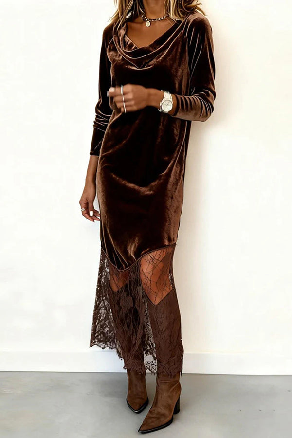 Velvet and Lace Patchwork Long-sleeved Elegant Maxi Dress
