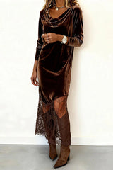 Velvet and Lace Patchwork Long-sleeved Elegant Maxi Dress