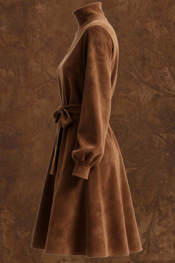 Suede Turtleneck Long-sleeved Tie-waist Casual Mini Dress