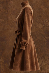 Suede Turtleneck Long-sleeved Tie-waist Casual Mini Dress