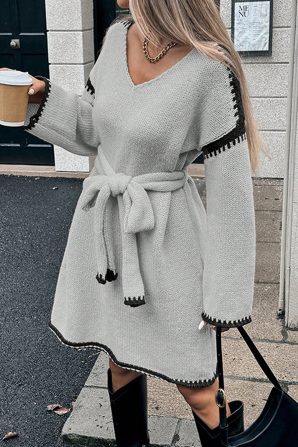 Loose-fitting Long-sleeved Tie-waist Knit Mini Dress