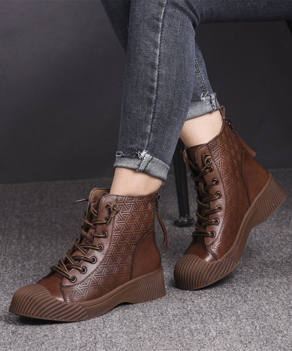 Brown Cowhide Leather Embossed Splicing Lace Up Boots