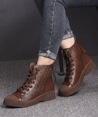 Brown Cowhide Leather Embossed Splicing Lace Up Boots
