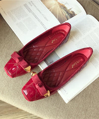 Pink Flats Faux Leather Splicing Bow Square Toe