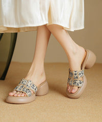 Apricot Cowhide Leather Splicing Chunky Heel Slide Sandals