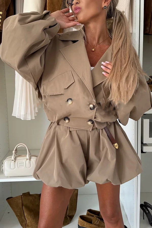 Style Button Long Balloon Sleeve Pocket Lapel Casual Bomber Jacket