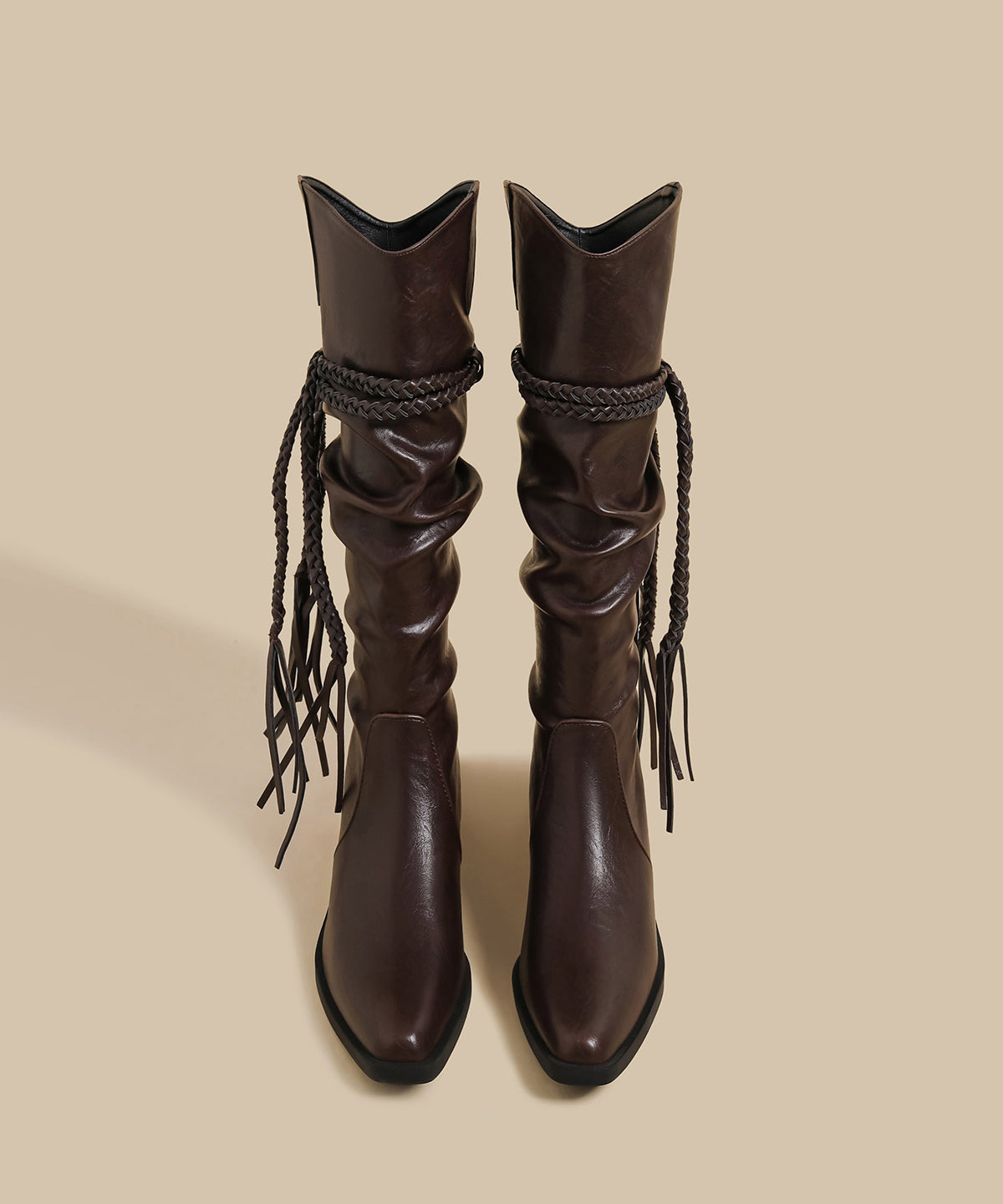 Wrinkled Tassel Splicing Chunky Boots Brown Faux Leather