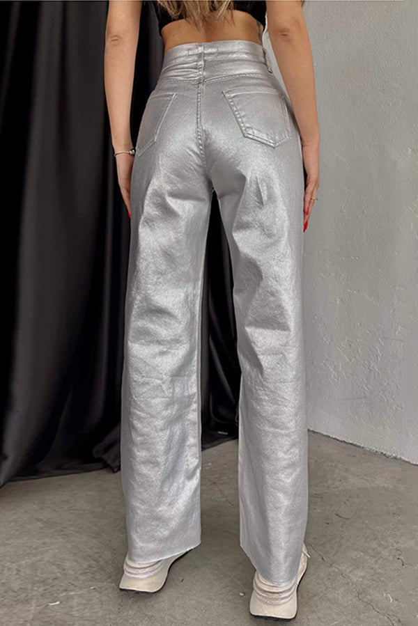 Metallic Fabric Pocket Casual Straight Wide-Leg Pants