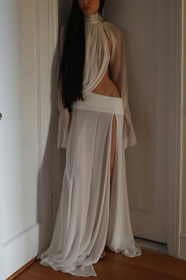 See-through High-neck Long-sleeved Draped Top and High-waisted Slit Maxi Skirt Vacation Set