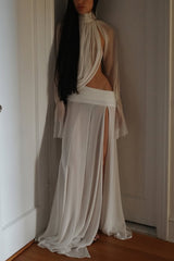 See-through High-neck Long-sleeved Draped Top and High-waisted Slit Maxi Skirt Vacation Set