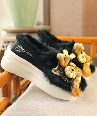 Handmade Faux Fur Splicing Platform Flats Black Embroidery