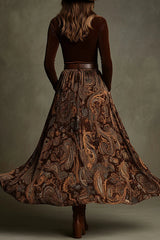 Velvet Long-sleeved Fitted Top and Unique Printed Casual Pocket Maxi Skirt Set