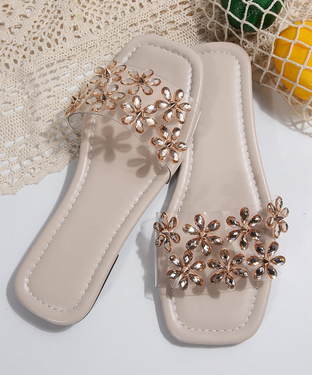 Women Beige Slide Sandals Peep Toe Floral Zircon