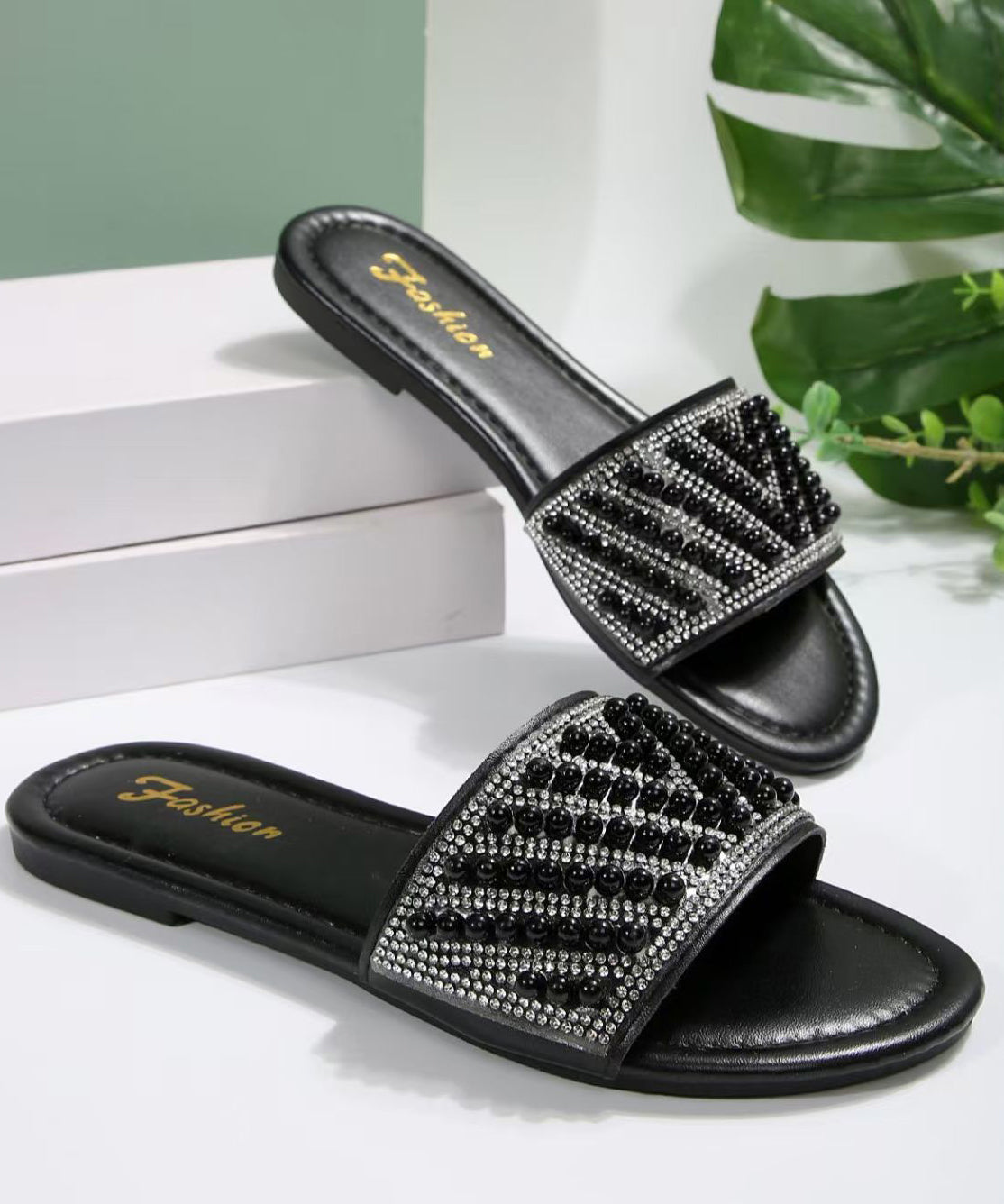 Beautiful Zircon Splicing Black Faux Leather Slide Sandals