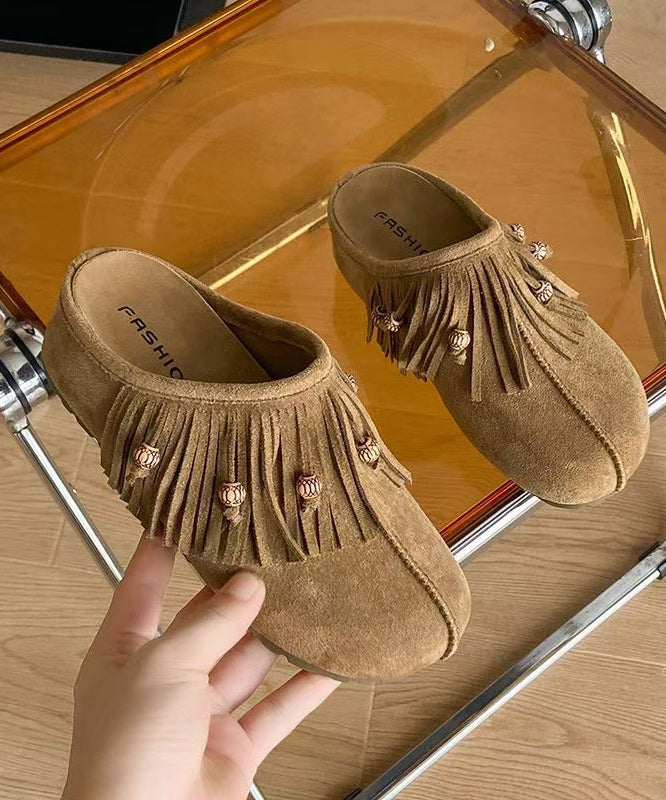 Boho Tassel Splicing Wedge Khaki Suede Slide Sandals